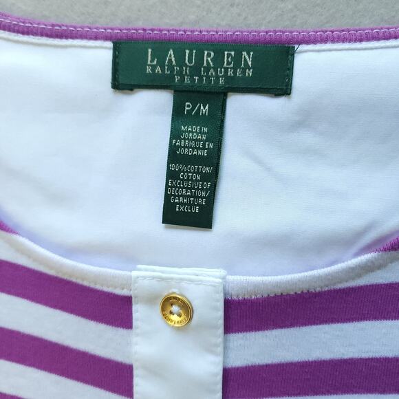 Lauren Petite Medium Cotton Pullover Buttoned Collar Purple-White Stripes - Picture 7 of 7